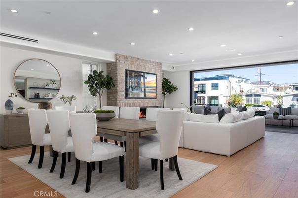 Dining room, Interior, Living room, Recessed Lighting, Stone Walls, Wood Texture Flooring