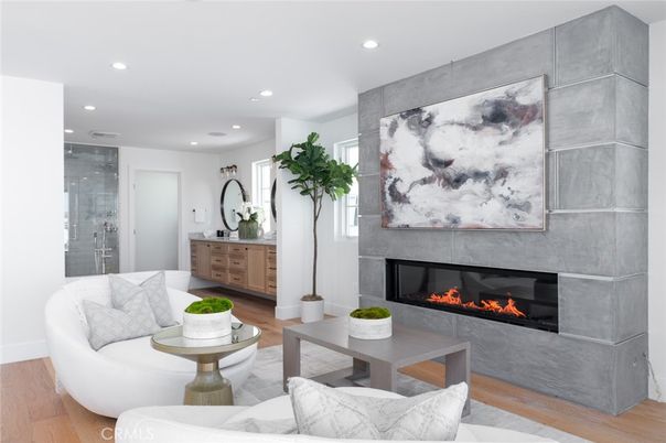 Fireplace, Interior, Living room, Recessed Lighting, Wood Texture Flooring