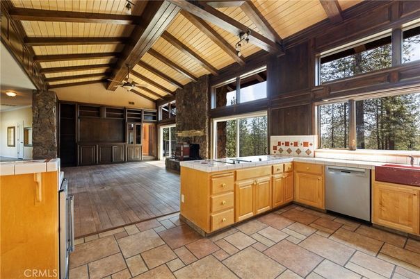 Fireplace, Interior, Kitchen, Tile Countertops, Wooden Beams, Wooden Ceilings, Wood Texture Flooring