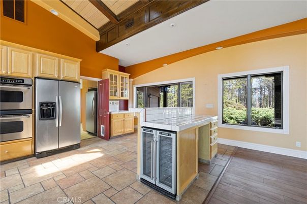 Interior, Kitchen, Recessed Lighting, Stainless Steel Appliances, Tile Countertops, Wooden Ceilings, Wood Texture Flooring