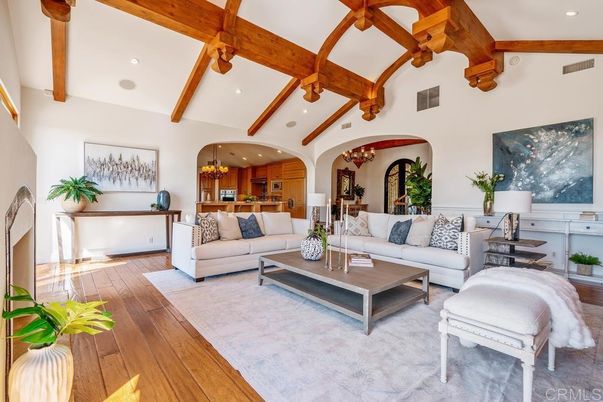 Chandelier, Interior, Kitchen, Living room, Recessed Lighting, Wooden Beams, Wood Texture Flooring