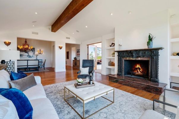 Fireplace, Interior, Living room, Recessed Lighting, Wooden Beams, Wood Texture Flooring