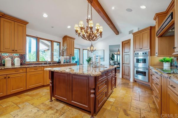 Chandelier, Interior, Kitchen, Recessed Lighting, Stainless Steel Appliances, Wooden Beams