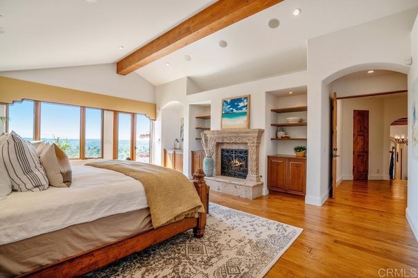 Bedroom, Fireplace, Interior, Recessed Lighting, Water, Wooden Beams, Wood Texture Flooring