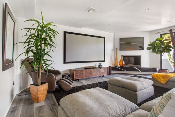 Fireplace, Interior, Living room, Projection Screen, Recessed Lighting, Wood Texture Flooring