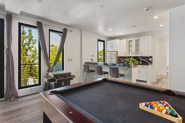 Billiard Table, Game Room, Interior, Kitchen, Recessed Lighting, Stainless Steel Appliances, Wood Texture Flooring
