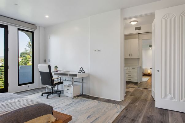 Bedroom, Home Office, Interior, Recessed Lighting, Wood Texture Flooring