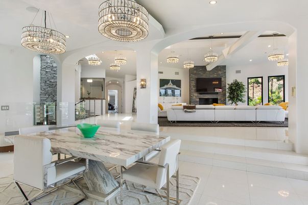 Chandelier, Dining room, Fireplace, Interior, Living room, Pendant Lights, Recessed Lighting