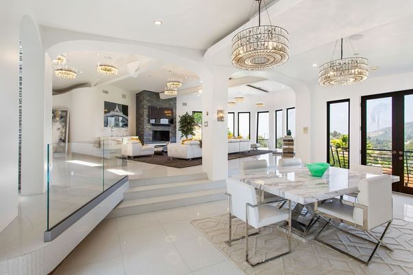 Chandelier, Dining room, Fireplace, Interior, Living room, Pendant Lights, Recessed Lighting