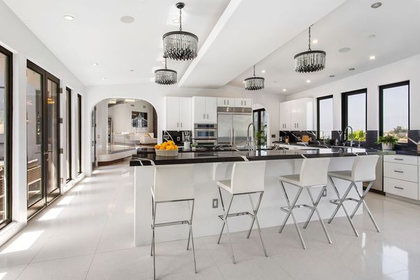Chandelier, Interior, Kitchen, Pendant Lights, Recessed Lighting, Stainless Steel Appliances