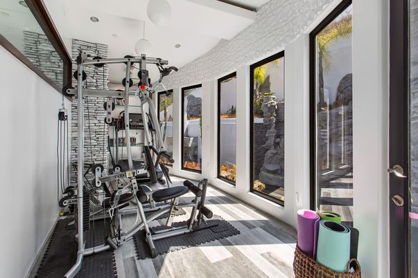 Fireplace, Fitness Equipment, Interior, Wood Texture Flooring