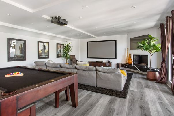 Billiard Table, Game Room, Interior, Projection Screen, Recessed Lighting, Theatre Room, Wood Texture Flooring