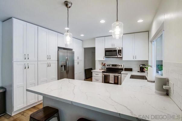Interior, Kitchen, Pendant Lights, Recessed Lighting, Stainless Steel Appliances, Wood Texture Flooring
