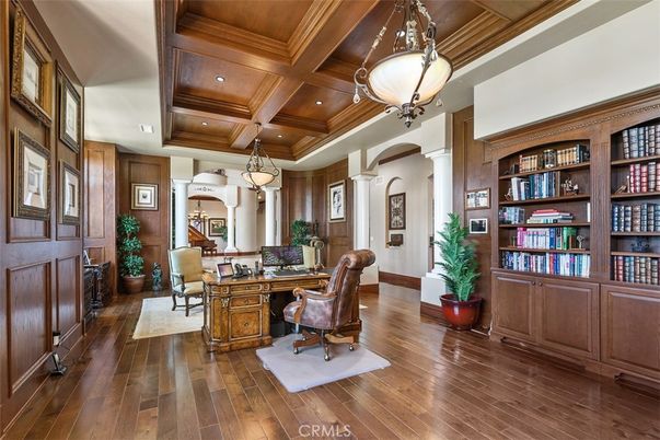 Home Office, Interior, Pendant Lights, Recessed Lighting, Wooden Beams, Wooden Ceilings, Wood Texture Flooring, Wooden Walls