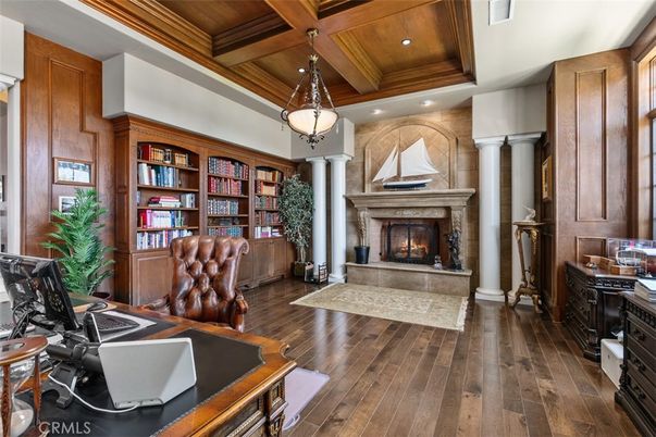 Fireplace, Home Office, Interior, Pendant Lights, Recessed Lighting, Wooden Beams, Wooden Ceilings, Wood Texture Flooring