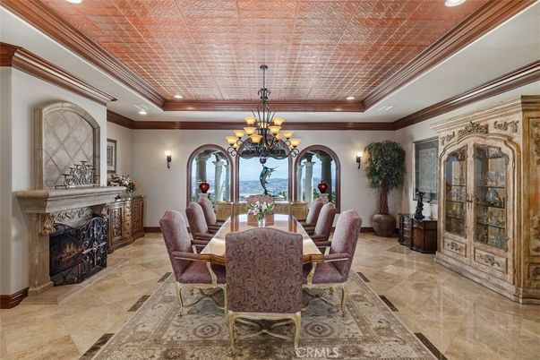 Chandelier, Dining room, Fireplace, Interior, Recessed Lighting
