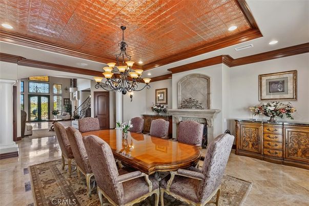 Chandelier, Dining room, Fireplace, Interior, Recessed Lighting