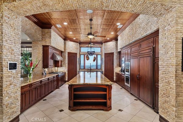 Interior, Kitchen, Recessed Lighting, Stainless Steel Appliances, Stone Walls, Wooden Ceilings