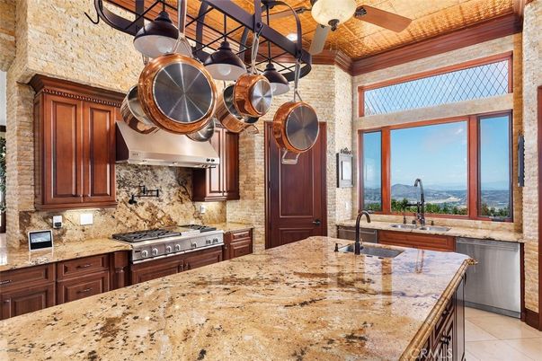Interior, Kitchen, Recessed Lighting, Stainless Steel Appliances, Stone Walls