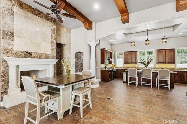Dining room, Fireplace, Interior, Kitchen, Pendant Lights, Recessed Lighting, Stone Walls, Wooden Beams, Wood Texture Flooring