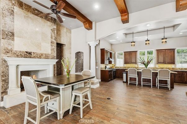 Dining room, Fireplace, Interior, Kitchen, Pendant Lights, Recessed Lighting, Stone Walls, Wooden Beams, Wood Texture Flooring