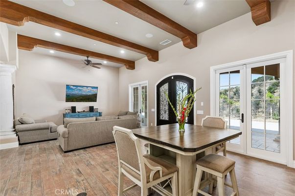 Dining room, Interior, Living room, Recessed Lighting, Wooden Beams, Wood Texture Flooring