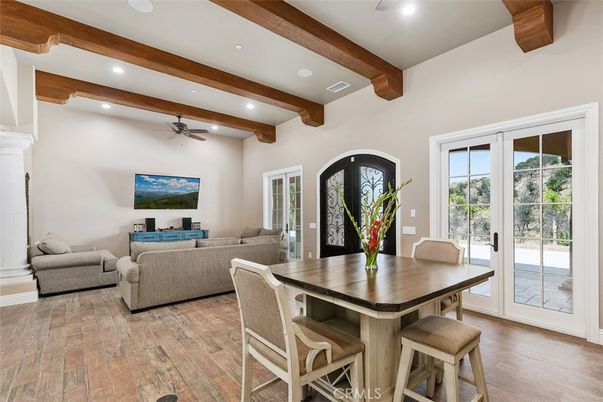 Dining room, Interior, Living room, Recessed Lighting, Wooden Beams, Wood Texture Flooring