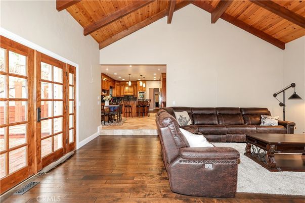 Interior, Kitchen, Living room, Pendant Lights, Recessed Lighting, Stainless Steel Appliances, Wooden Beams, Wooden Ceilings, Wood Texture Flooring