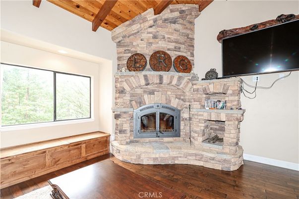 Fireplace, Interior, Recessed Lighting, Stone Walls, Wooden Beams, Wooden Ceilings, Wood Texture Flooring