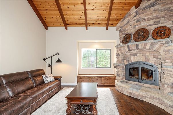 Fireplace, Interior, Living room, Recessed Lighting, Stone Walls, Wooden Beams, Wooden Ceilings, Wood Texture Flooring