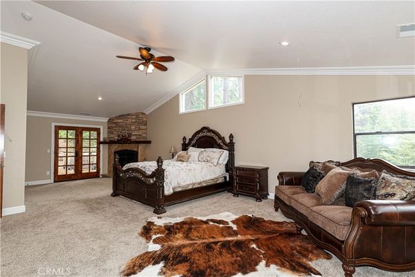 Bedroom, Fireplace, Interior, Recessed Lighting, Stone Walls