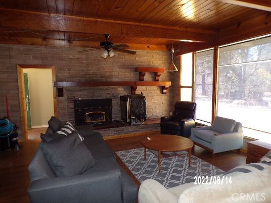 Fireplace, Interior, Living room, Pendant Lights, Stone Walls, Wooden Beams, Wooden Ceilings, Wood Texture Flooring