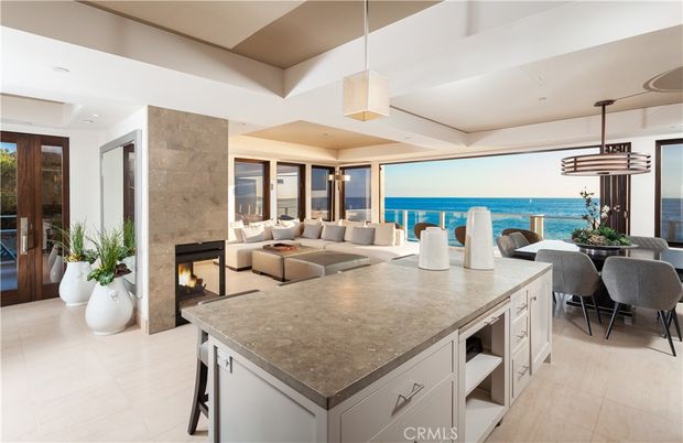 Dining room, Fireplace, Interior, Living room, Pendant Lights, Recessed Lighting, Water