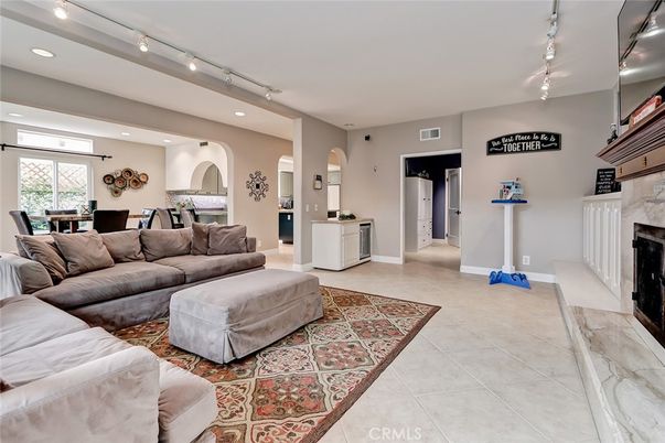 Dining room, Fireplace, Interior, Living room, Recessed Lighting