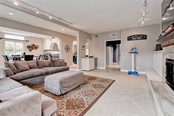 Dining room, Fireplace, Interior, Living room, Recessed Lighting