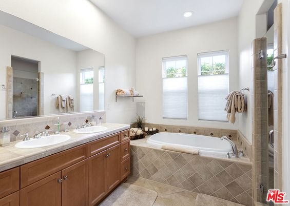 Bathroom, Dual Sink Vanities, Glass Shower, Interior, Recessed Lighting, Tile Countertops