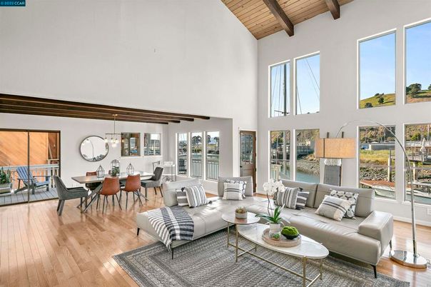 Dining room, Interior, Living room, Pendant Lights, Water, Wooden Beams, Wooden Ceilings, Wood Texture Flooring