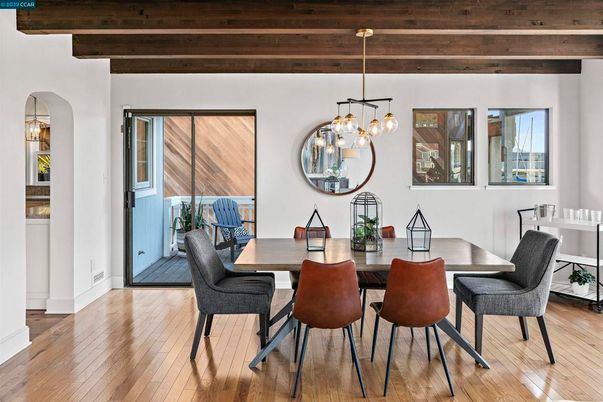 Dining room, Interior, Pendant Lights, Wooden Beams, Wood Texture Flooring