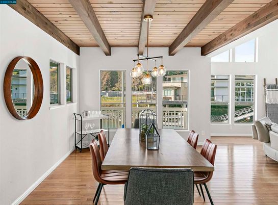 Dining room, Interior, Pendant Lights, Wooden Beams, Wooden Ceilings, Wood Texture Flooring