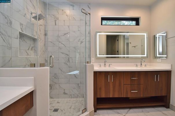 Bathroom, Dual Sink Vanities, Glass Shower, Interior, Marble, Marble Walls