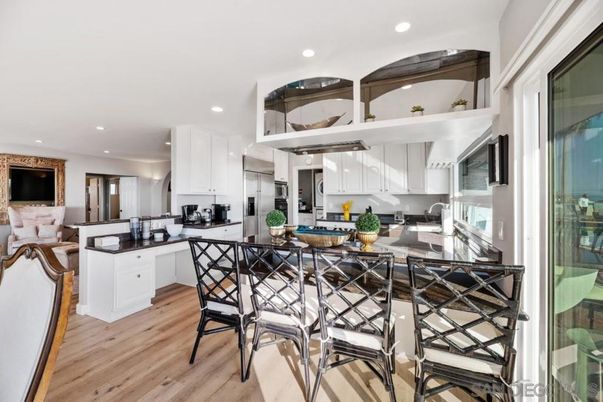Dining room, Interior, Kitchen, Recessed Lighting, Stainless Steel Appliances, Wood Texture Flooring