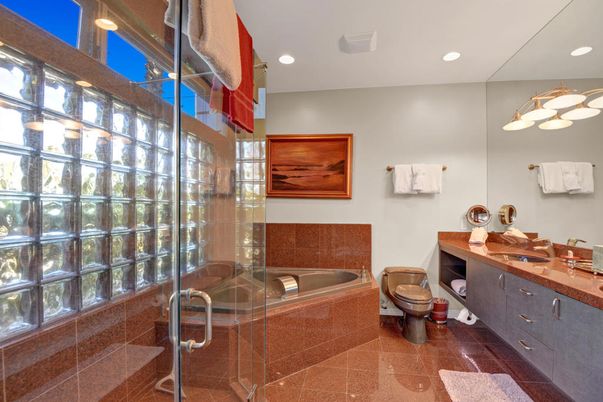 Bathroom, Dual Sink Vanities, Glass Shower, Interior, Recessed Lighting