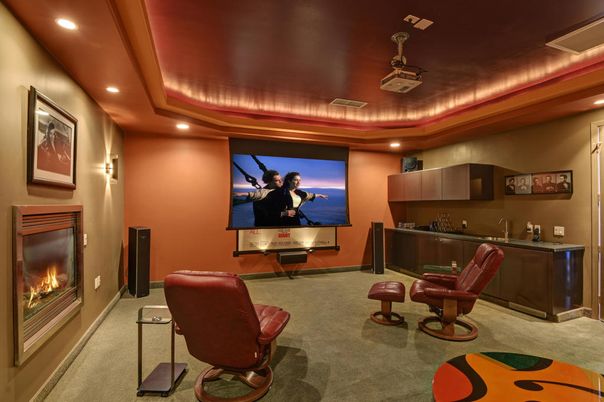 Fireplace, Interior, Projection Screen, Recessed Lighting, Theatre Room