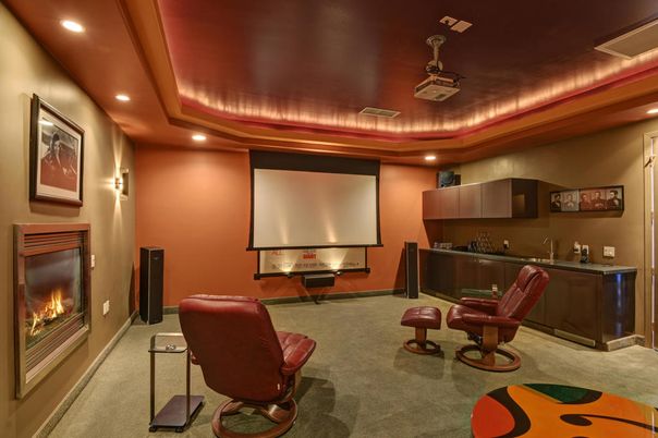 Fireplace, Interior, Projection Screen, Recessed Lighting, Theatre Room