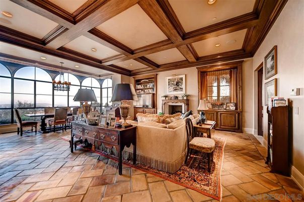 Chandelier, Dining room, Fireplace, Interior, Living room, Recessed Lighting, Wooden Beams