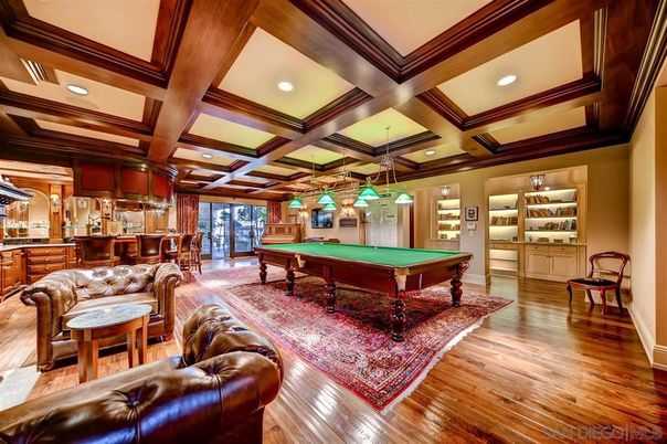 Billiard Table, Game Room, Interior, Pendant Lights, Recessed Lighting, Wood Texture Flooring
