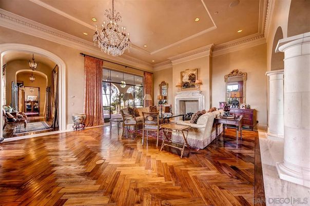 Chandelier, Fireplace, Interior, Living room, Recessed Lighting, Wood Texture Flooring