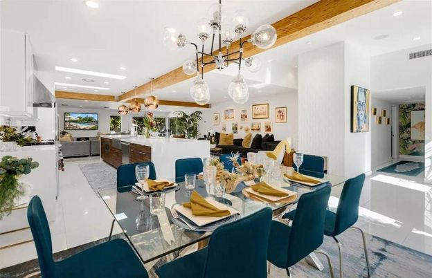 Dining room, Interior, Kitchen, Pendant Lights, Recessed Lighting, Wooden Beams
