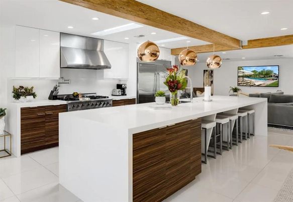 Interior, Kitchen, Recessed Lighting, Stainless Steel Appliances, Wooden Beams