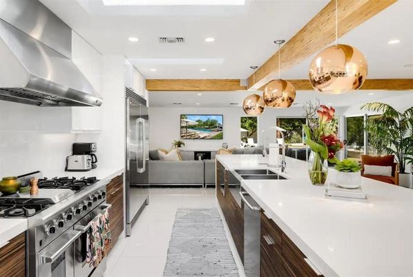 Interior, Kitchen, Living room, Pendant Lights, Recessed Lighting, Stainless Steel Appliances, Wooden Beams